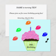 10-års födelsedagsfest Godisbitar Cupcake-inbjudan