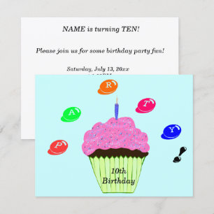 10-års födelsedagsfest Godisbitar Cupcake-inbjudan Inbjudningar