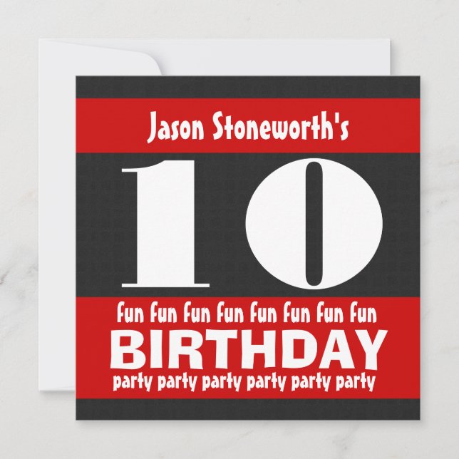 10-års födelsedagsfest Svart Röd Vit W01A Inbjudningar (Framsida)