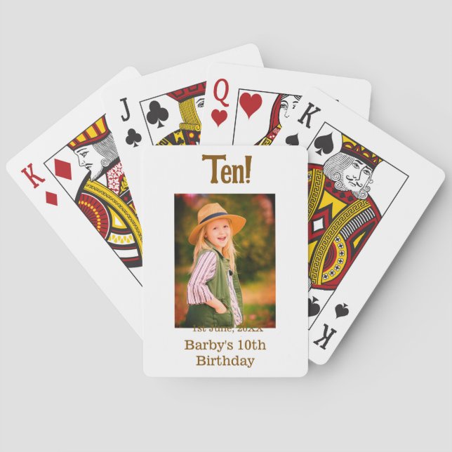 10-års födelsedagsfoto namn datum enkel brun beige casinokort (Baksidan)