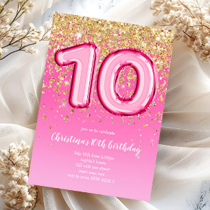 10-års födelsedagsinbjudan med glitterballonger inbjudningar