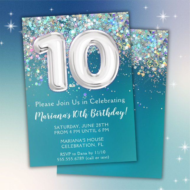 10-års födelsedagsinbjudan Teal Silver Glitter Inbjudningar (Skapare uppladdad)