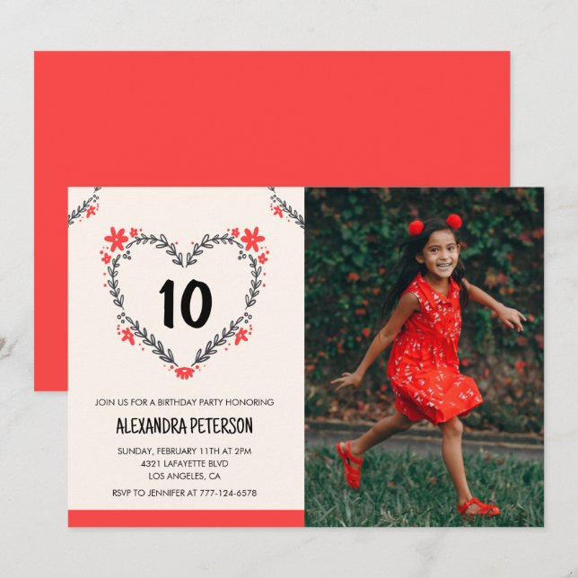 10-års inbjudningar till henne Blommig Hjarta (Fram/baksida)
