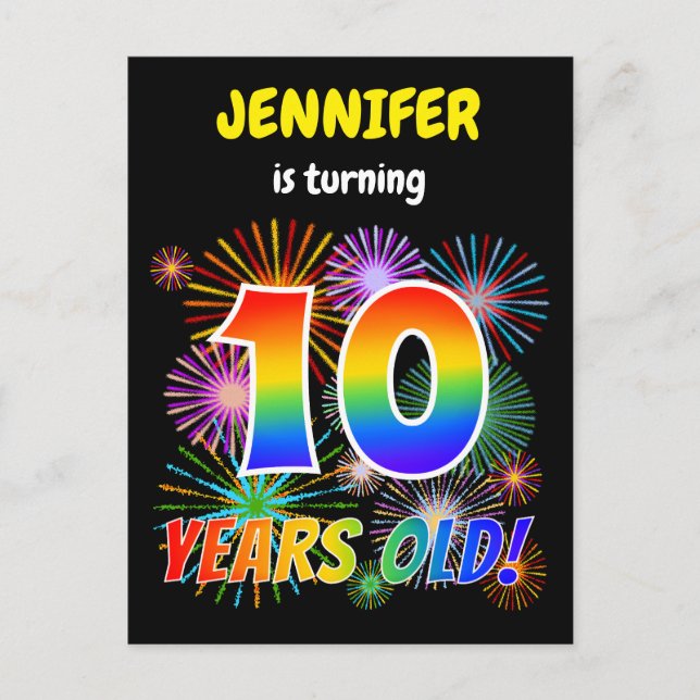 10-årsdag - Roliga fyrverkerier, regnbågsutseende  Vykort (Framsida)