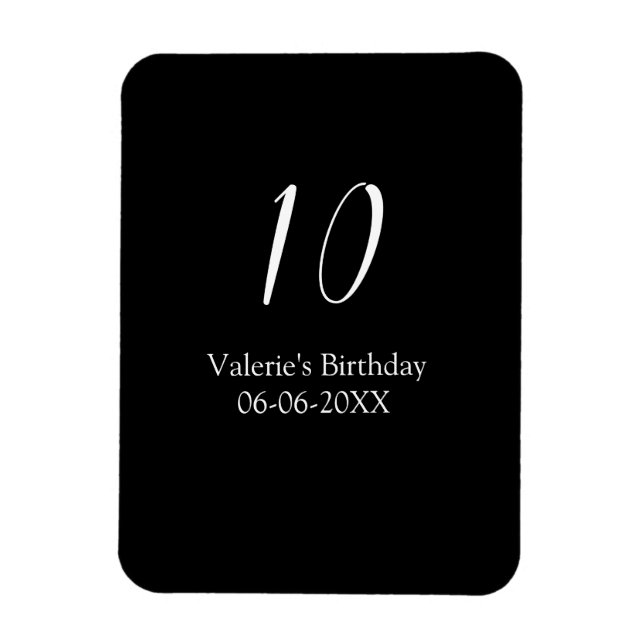 10-årsdag vit svart namn datum kalligrafi  magnet (Vertikal)