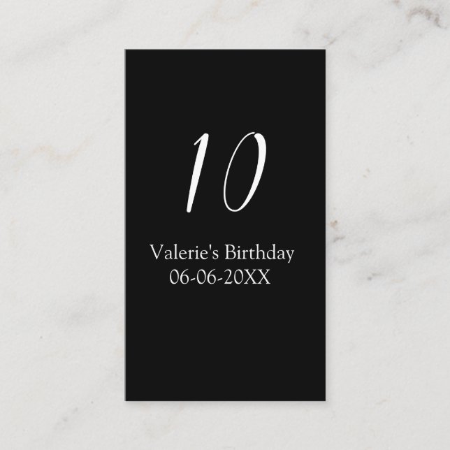 10-årsdag vit svart namn datum kalligrafi  visitkort (Framsida)