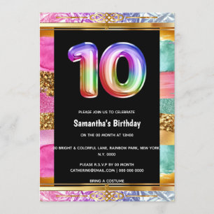 10-årsdagarsregnbåge glitter färglöst party inbjudningar