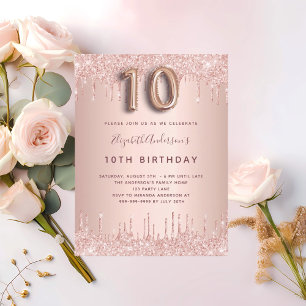 10-årsdagen ro guld glitter droppar rosa glam inbjudan vykort