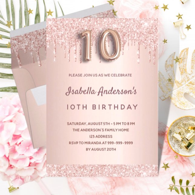 10-årsdagen ro guld glitter droppar rosa glam inbjudningar (Skapare uppladdad)