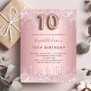 10-årsdagen rosa dammig ro glitter droppglam inbjudan vykort