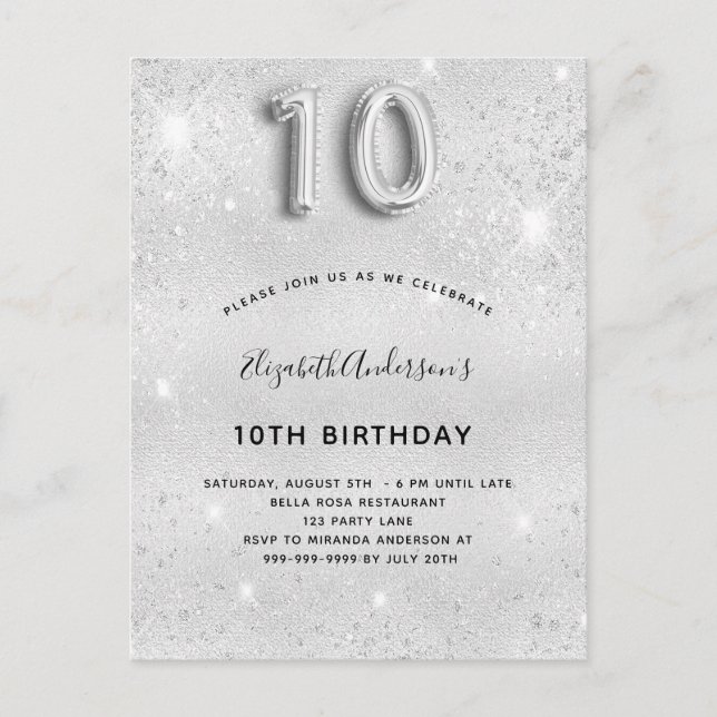 10-årsdagen silver glitter inbjudan vykort (Framsida)