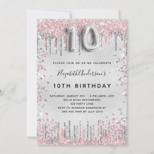10-årsdagen silver rosa glitter stoft från metall inbjudningar