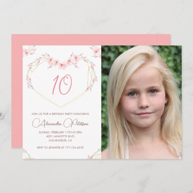 10-årsinbjudningar Boho Blommigt Photo Inbjudningar (Fram/baksida)