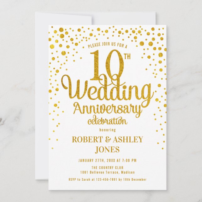 10-årsjubileum - Guld & Vitt Inbjudningar (Framsida)