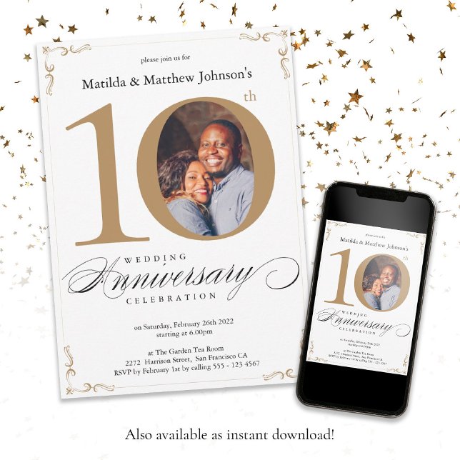 10-årsjubileum Vit Guld kalligrafi Inbjudningar (10th Wedding Anniversary White Gold Calligraphy Invitation)