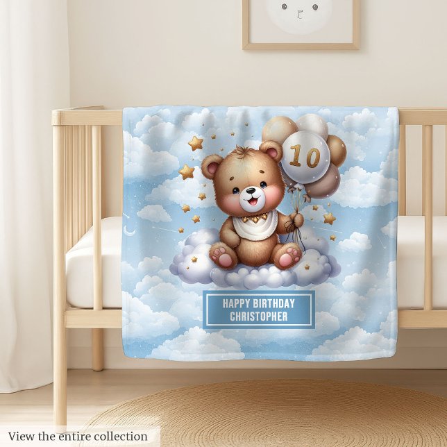 10-årspressfilt med anpassningsbar teddy namn fleecefilt (10th birthday gift blanket with custom teddy name)