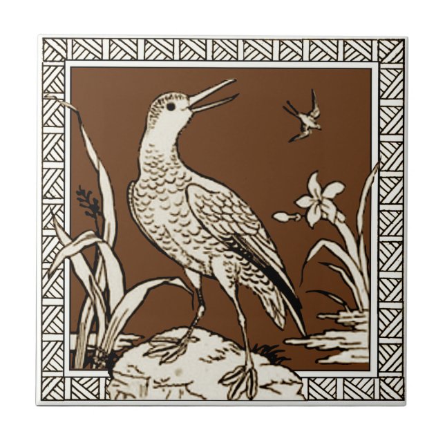 #10 av 12 Repro 1880s Minton Mocha Bird Series Kakelplatta (Framsidan)