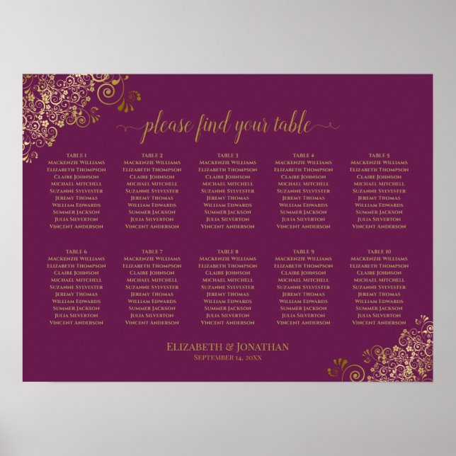 10 Bord Bröllop-sätesdiagram Magenta och Guld Poster (Framsidan)