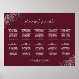 10 Bord Bröllop-sittplatsplan Silver på Burgundy Poster