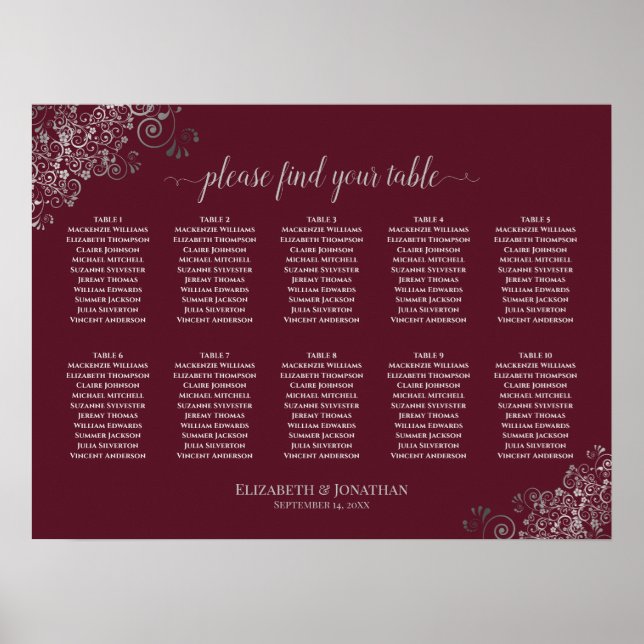 10 Bord Bröllop-sittplatsplan Silver på Burgundy Poster (Framsidan)
