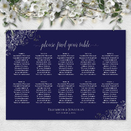10 Bord Bröllop-sittplatsplan Silver på marinblått Poster