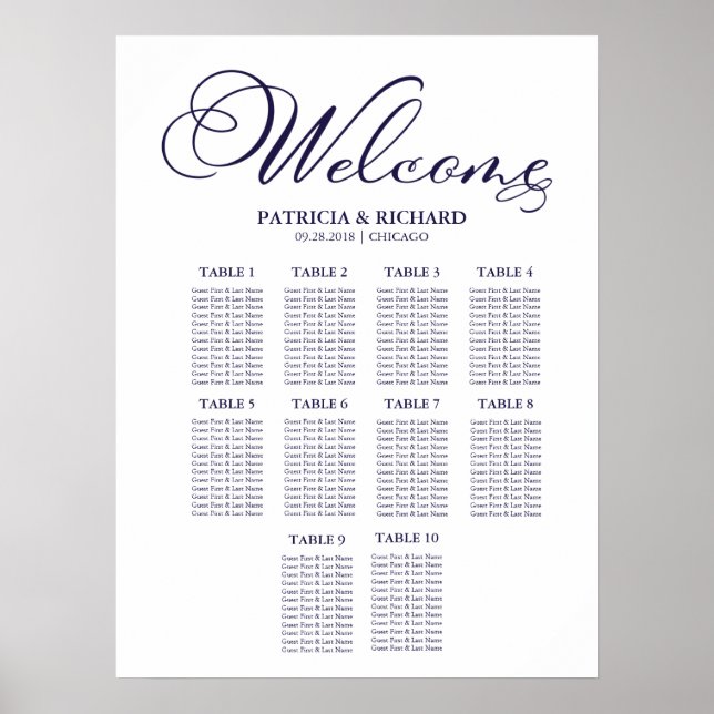 10 Bord Bröllops Sittplatskarta Enkel Poster (Framsidan)