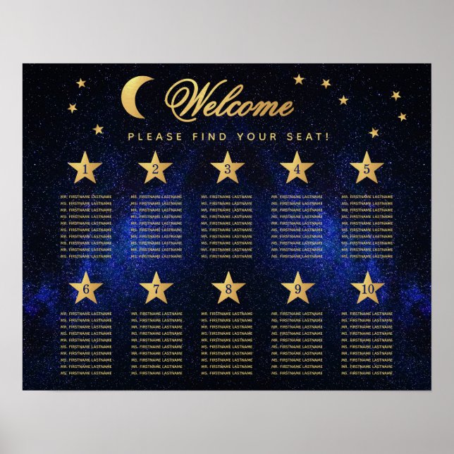 10 Bord Celestial Bröllop Blue Guld Sittdiagram Poster (Framsidan)