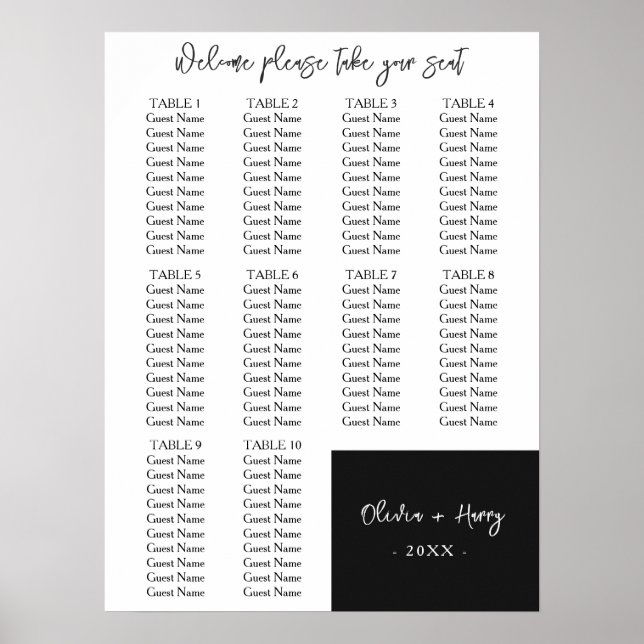10 Bord | Elegant Modern sittplatsplan för Bröllop Poster (Framsidan)