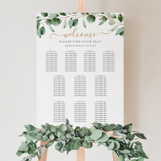 10 Bord Eucalyptus Greenery Bröllop-sätesdiagram Poster (Skapare uppladdad)