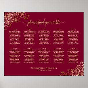 10 Bord Guld-fristäder vid Burgundy Elegant bröllo Poster