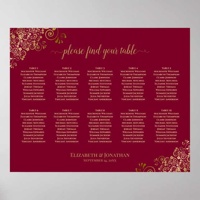 10 Bord Guld-fristäder vid Burgundy Elegant bröllo Poster (Framsidan)