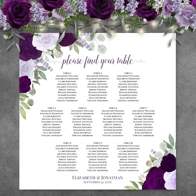 10 Bord Lila Ro Chic Bröllop sittdiagram Poster (In Situ on Wall with Flowers)