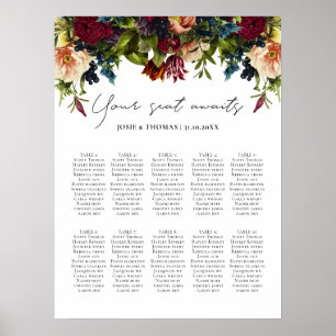 10 bord Moody Blommigt Burgundy Bröllop säte Poster