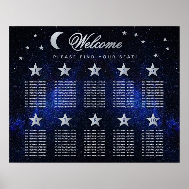 10 Bord Stjärnor Himmel Celestial Bröllopsplatskar Poster (Framsidan)