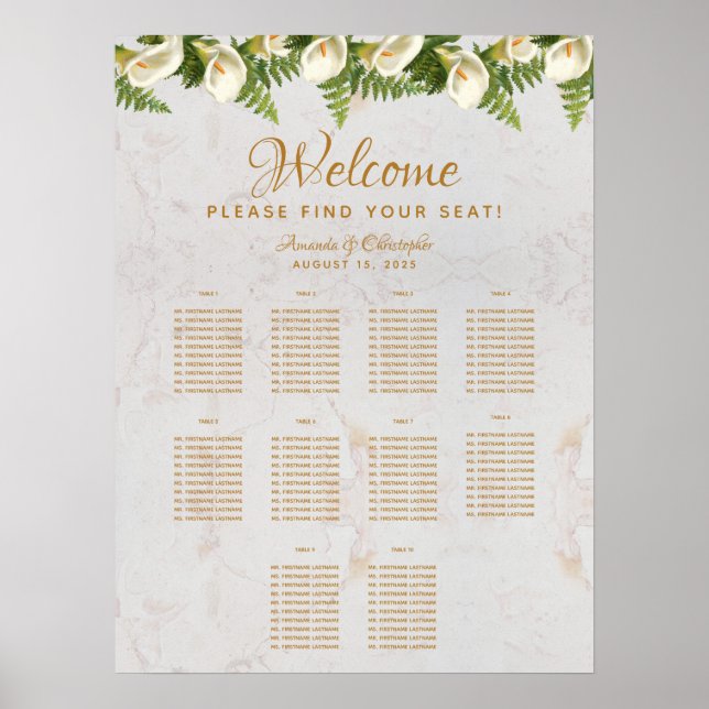 10 Bords Wedding Plats Arrangemang Calla Liljor Ma Poster (Framsidan)
