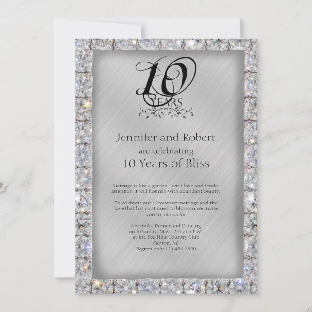 10:e bröllopsjubileum för tenn och diamant inbjudningar (Framsida)