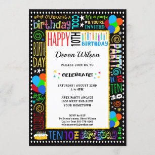 10:e Födelsedag Färg Galen Text på Svart Fest Inbjudningar