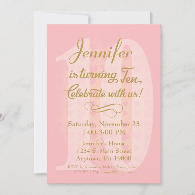 10:e födelsedag: Flickor Rosa Guld Hearts Inbjudningar (Framsida)