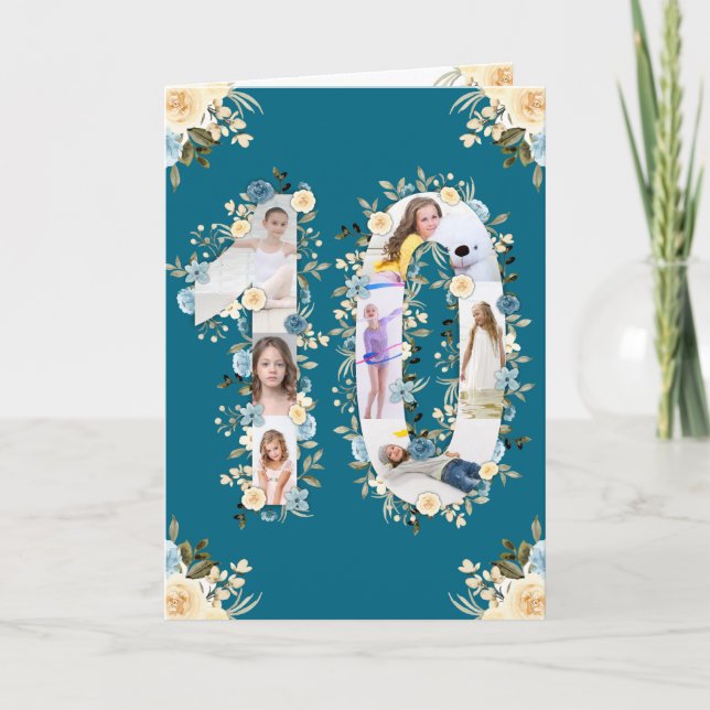 10:e födelsedag Fotokollage Gult Flower Teal Kort (Framsida)
