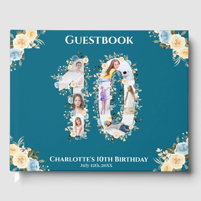 10:e födelsedag Fotokollage Teal Gult blomma Gästböcker (Framsida)