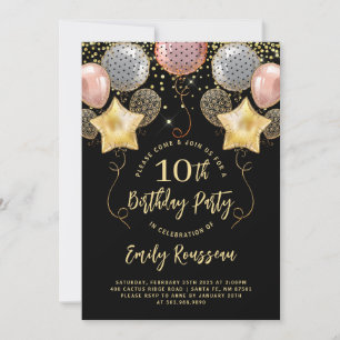 10:e födelsedag Guld Glitter Konfetti Buboner Blac Inbjudningar