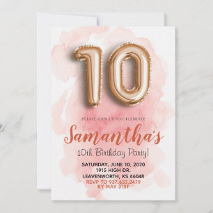 10:e födelsedag inbjudan till Rosa med vattenfärg