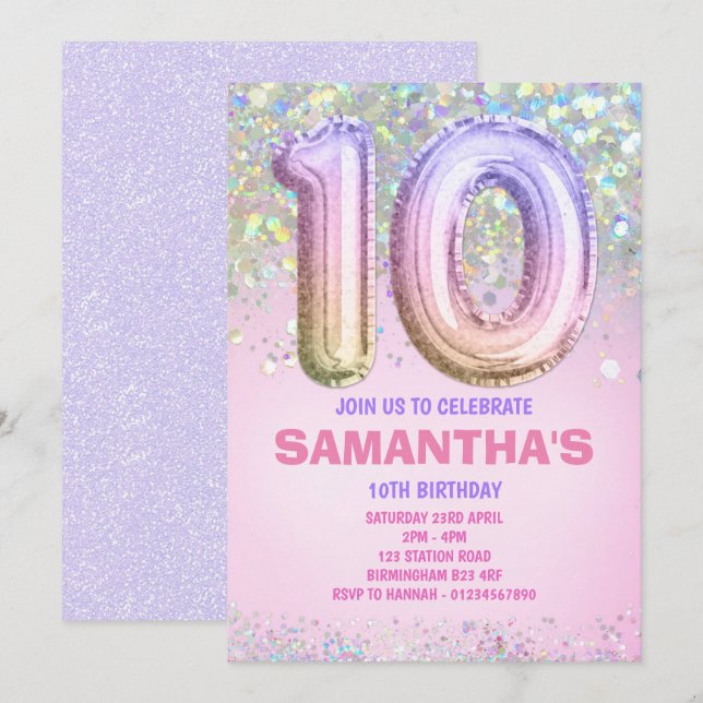10:e födelsedag, regnbåge Glitter Inbjudningar (Fram/baksida)