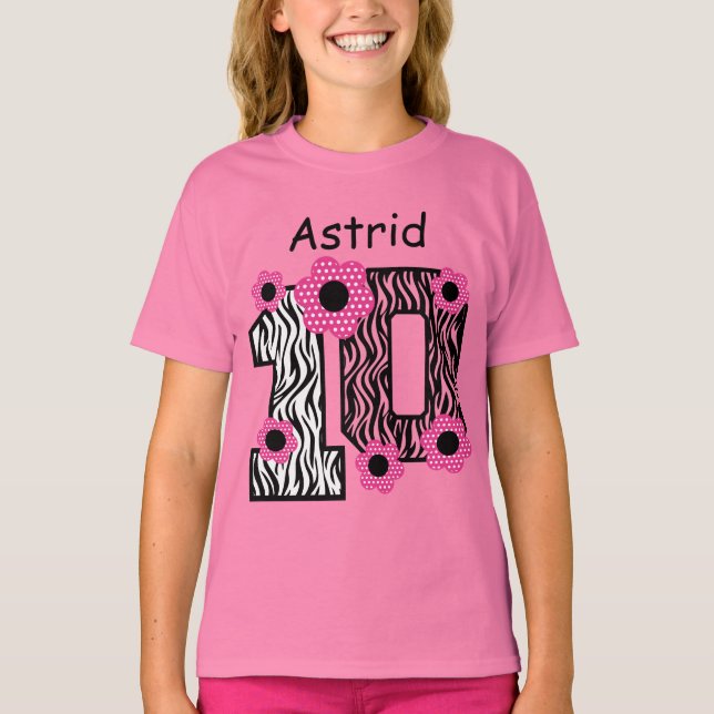 10:e födelsedag Rosa Zebra eget namn V025A4A Tee (Framsida)
