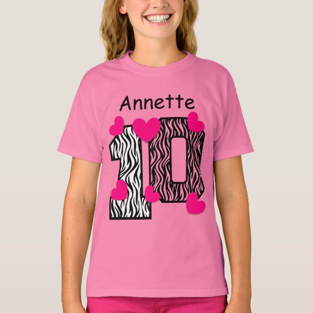 10:e födelsedag Rosa Zebra eget namn V025A5 T Shirt (Framsida)