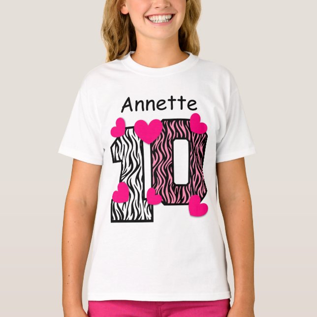 10:e födelsedag Rosa Zebra eget namn V025A5 T Shirt (Framsida)