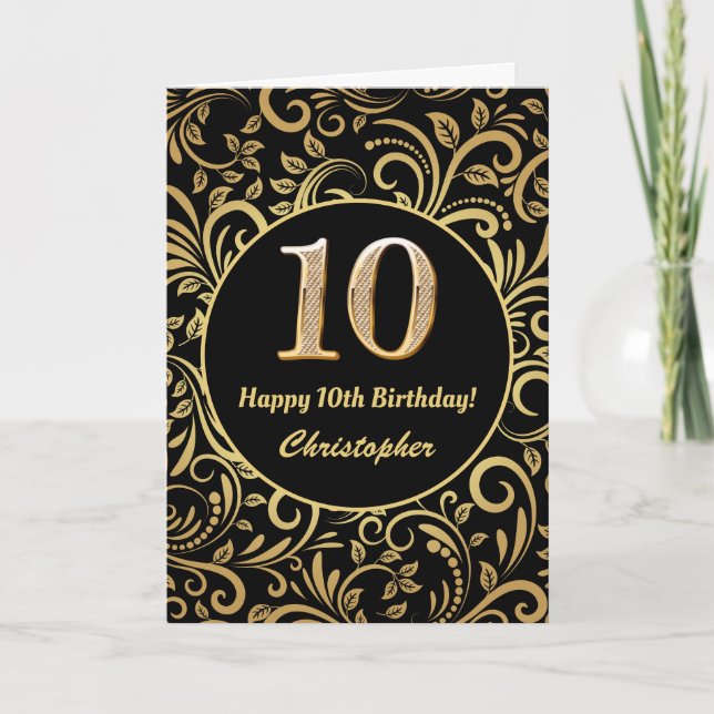 10:e födelsedag Svarta och Guld-Blommönstret Kort (Framsida)