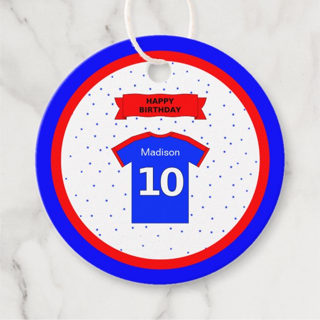 10:e födelsedag tack för rött vitt blått idrottsst gåvor etiketter (Framsida)