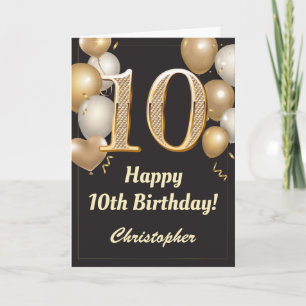10:e födelsedagen Black and Guld Balloons Confetti Kort