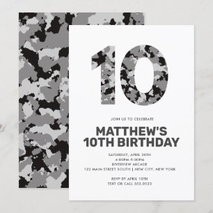 10:e födelsedagen, Grått Camo Personlig Party Inbjudningar